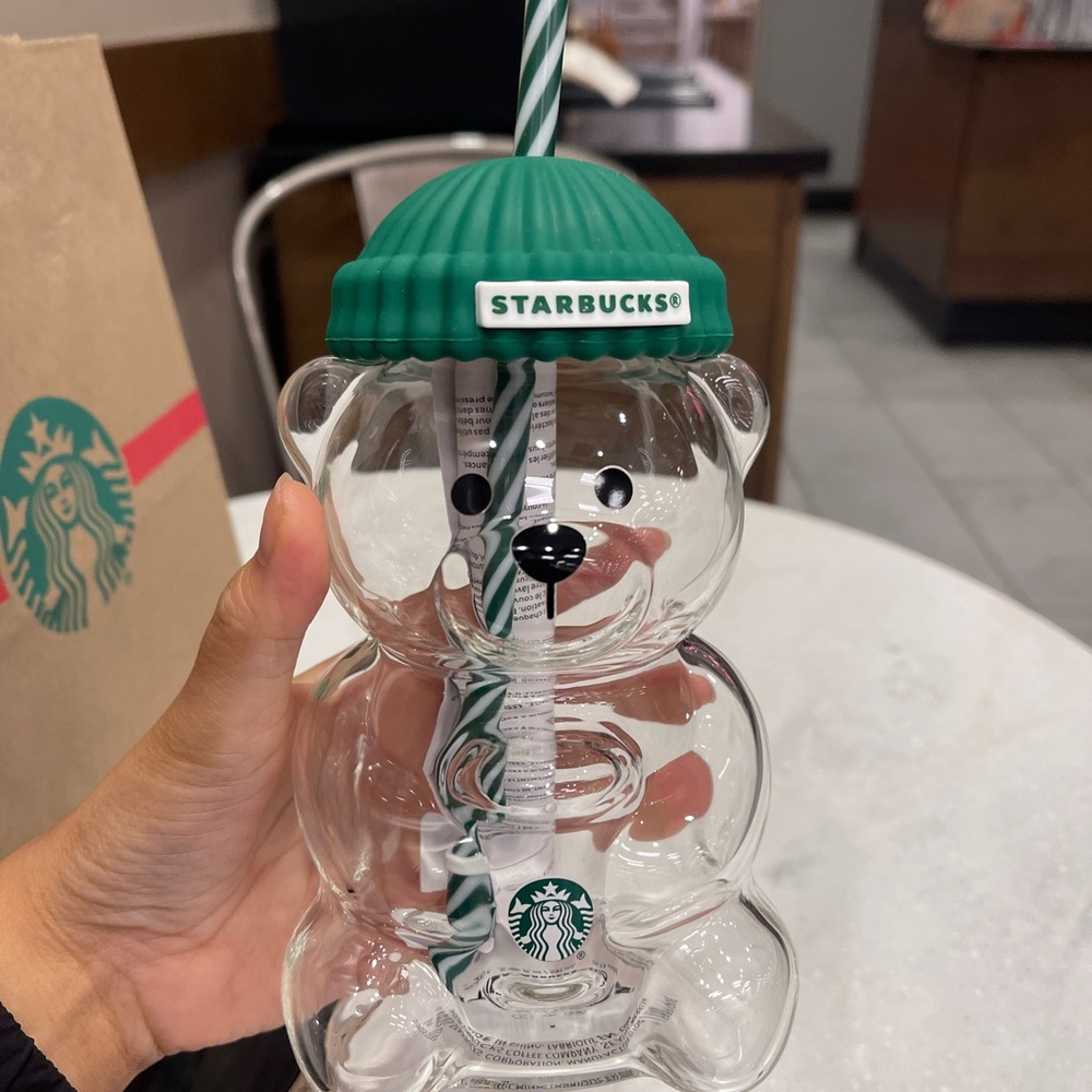 Starbucks GLASS BEARISTA Bear Tumbler with Green Beanie + Straw NIB